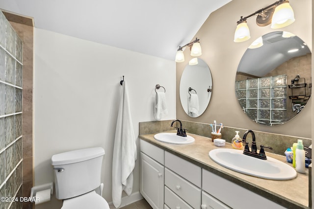 bathroom featuring vanity, toilet, and lofted ceiling