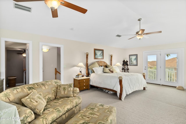 bedroom with light carpet, ceiling fan, and access to exterior