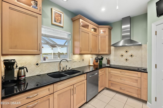 kitchen featuring wall chimney exhaust hood, sink, decorative backsplash, and dishwasher