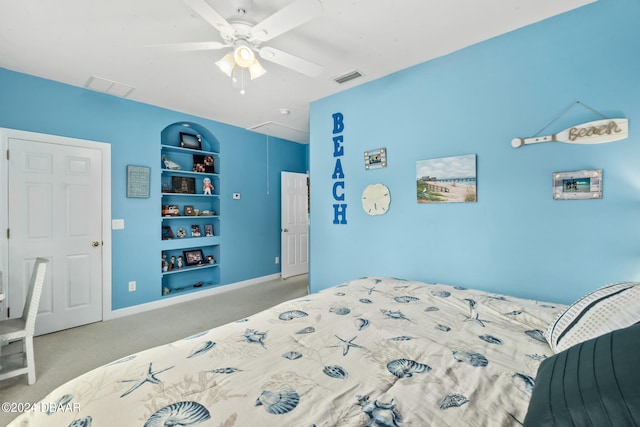 carpeted bedroom featuring ceiling fan