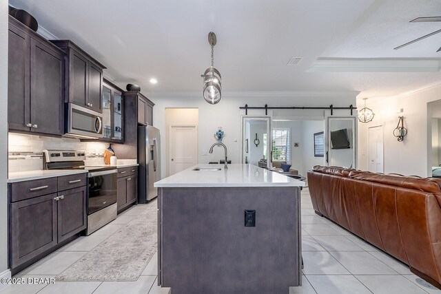 1321 Tullamore Blvd, Ormond Beach, FL 32174 - living room featuring a raised ceiling, light tile patterned floors, visible vents, ceiling fan with notable chandelier, and ornamental molding