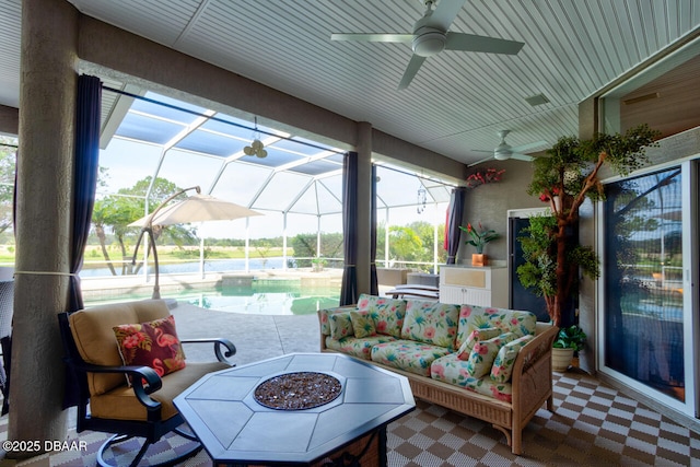 3102 N Springwater Ct N, Port Orange, FL 32128 - view of patio with a ceiling fan, an outdoor living space, an outdoor pool, and glass enclosure
