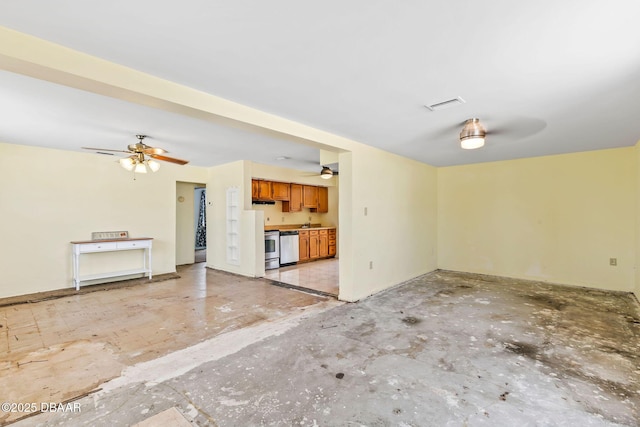 unfurnished living room with concrete floors, visible vents, and a ceiling fan