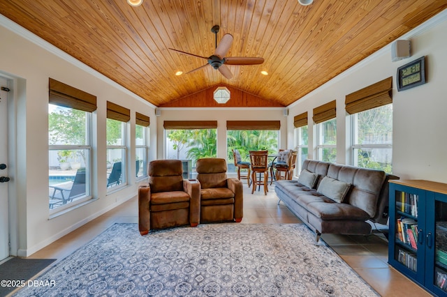 tiled living area with lofted ceiling, ornamental molding, wooden ceiling, and recessed lighting