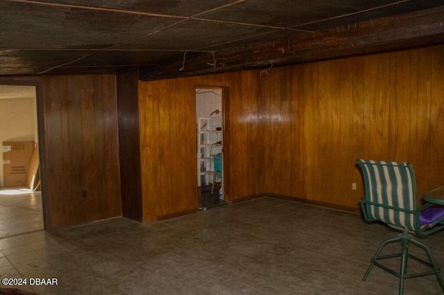 basement featuring wood walls