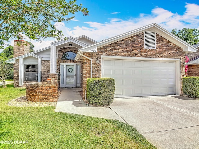 907 Silverleaf Pl, Port Orange, FL 32127 - single story home featuring a chimney, driveway, brick siding, an attached garage, and a front yard
