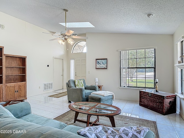 907 Silverleaf Pl, Port Orange, FL 32127 - living room featuring a textured ceiling, visible vents, light tile patterned floors, and ceiling fan