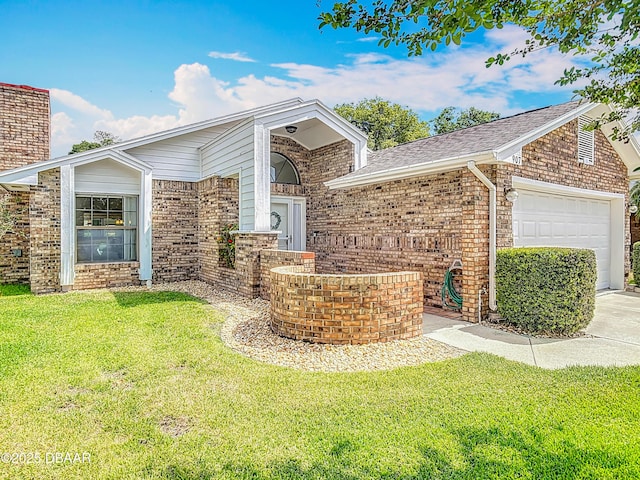 907 Silverleaf Pl, Port Orange, FL 32127 - view of front facade with brick siding, an attached garage, concrete driveway, roof with shingles, and a front lawn