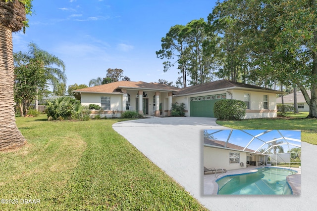 view of front of home with a garage, a lanai, and a front lawn