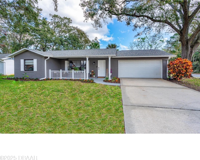 ranch-style home featuring a front yard, roof with shingles, a porch, an attached garage, and concrete driveway