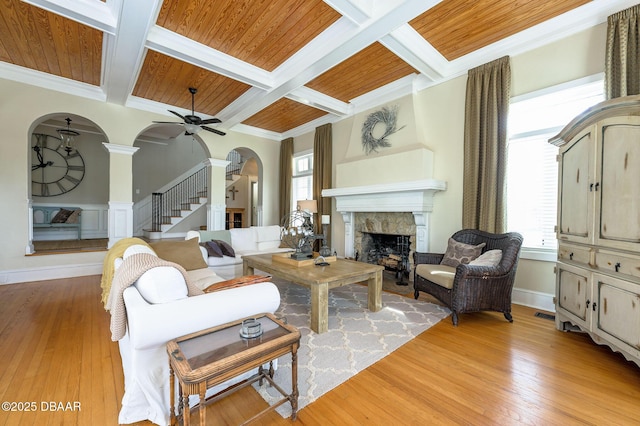 living room with coffered ceiling, light wood-type flooring, beam ceiling, a fireplace, and wooden ceiling