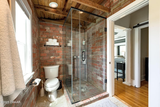 bathroom with wooden ceiling, toilet, wood-type flooring, a shower with door, and beam ceiling