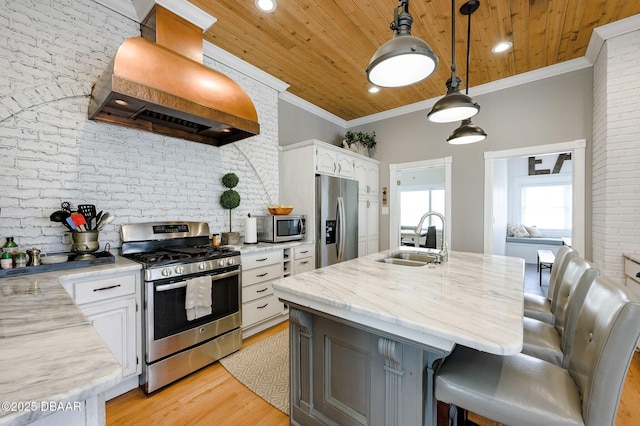 kitchen featuring stainless steel appliances, wood ceiling, custom range hood, white cabinets, and sink