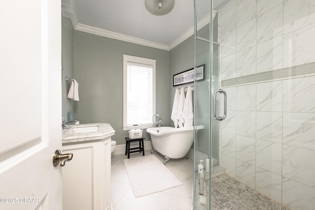 bathroom with ornamental molding, independent shower and bath, and vanity