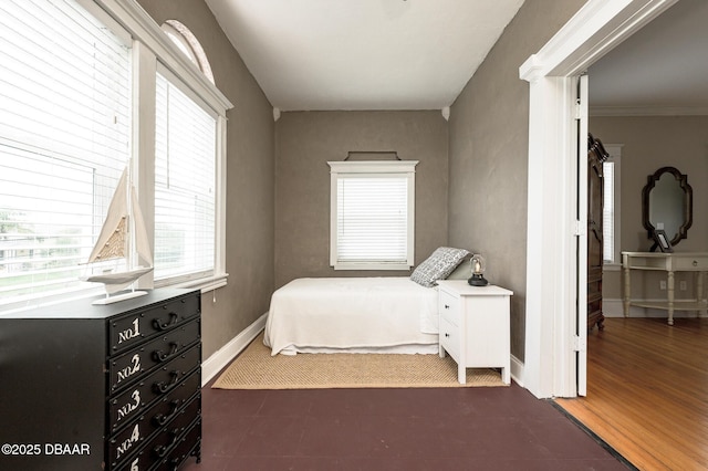 bedroom featuring multiple windows and dark wood-type flooring