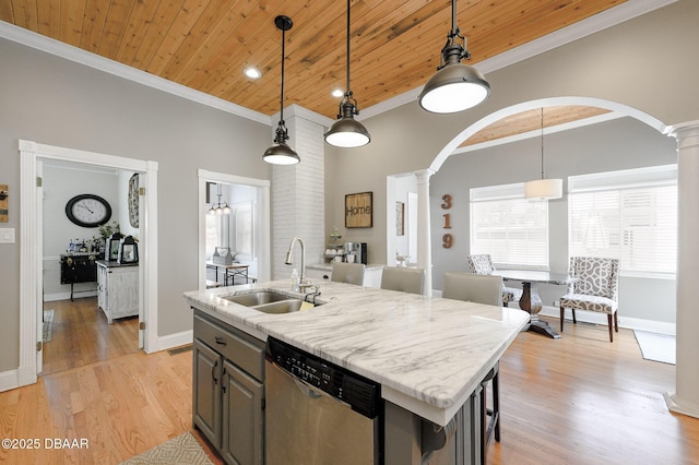 kitchen featuring wooden ceiling, a center island with sink, pendant lighting, sink, and stainless steel dishwasher