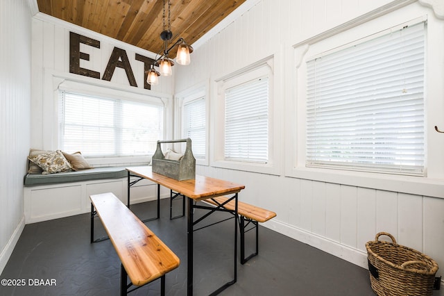 interior space featuring wooden walls and wood ceiling