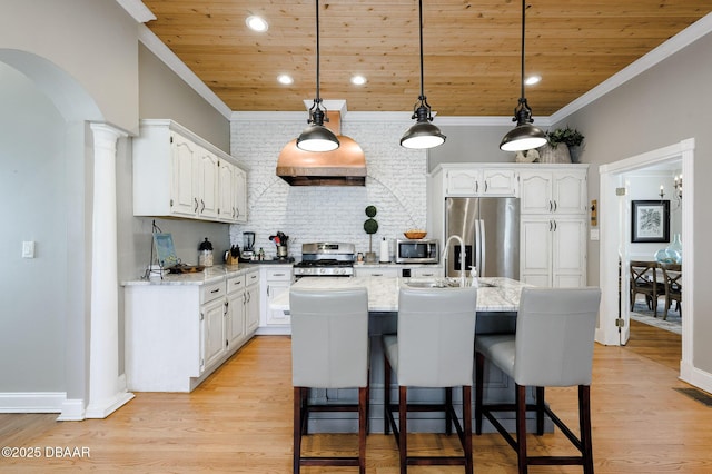 kitchen with stainless steel appliances, white cabinets, a kitchen island with sink, and wood ceiling