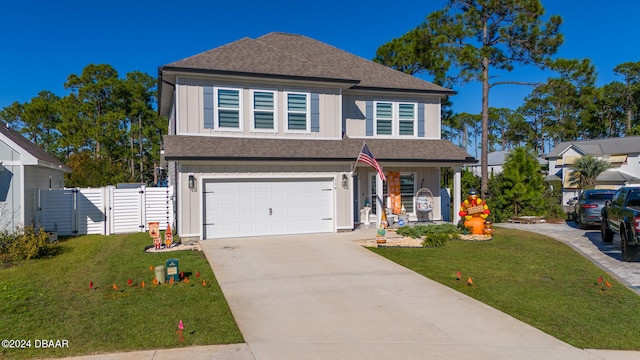 view of front of house featuring a front yard and a garage