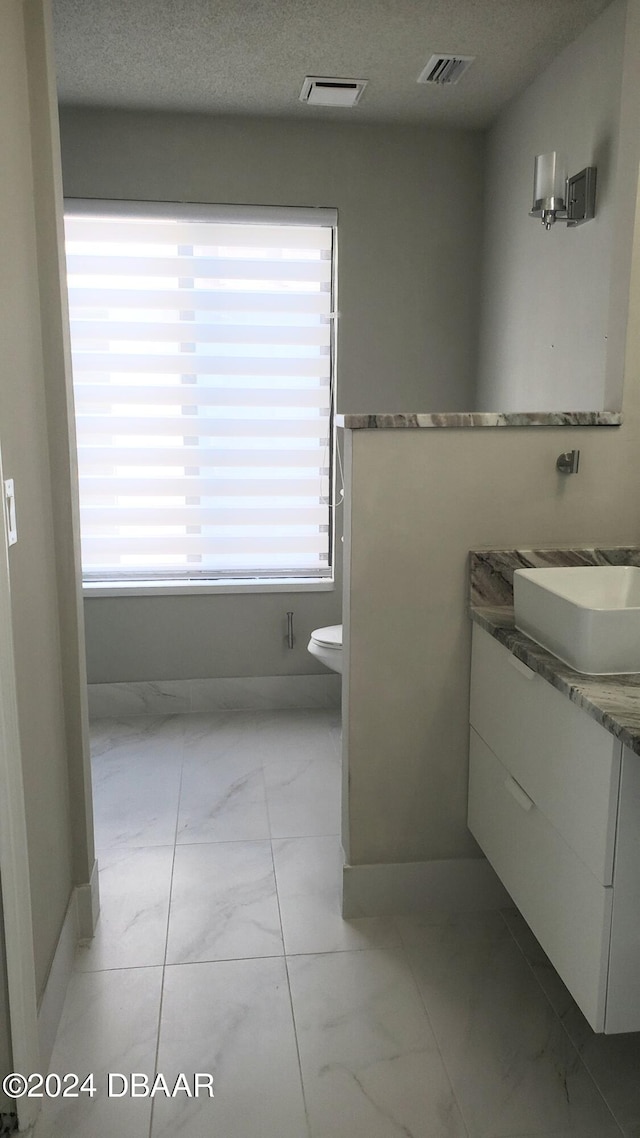 bathroom with toilet, vanity, and a textured ceiling