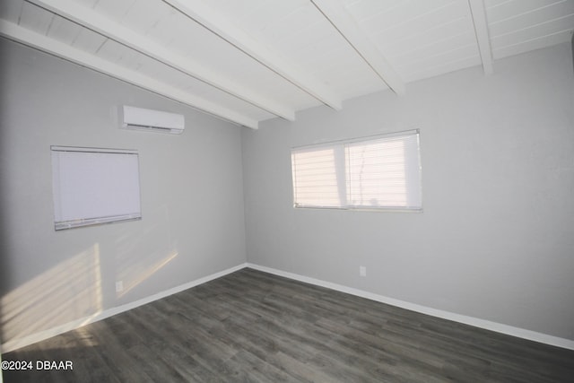 unfurnished room featuring an AC wall unit, vaulted ceiling with beams, and dark hardwood / wood-style floors