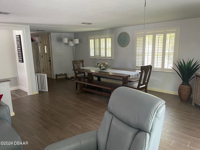 dining space featuring hardwood / wood-style floors and a textured ceiling