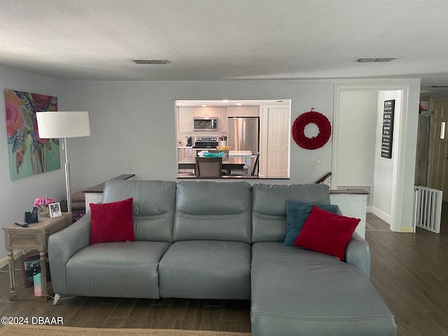 living room featuring dark hardwood / wood-style flooring and a textured ceiling