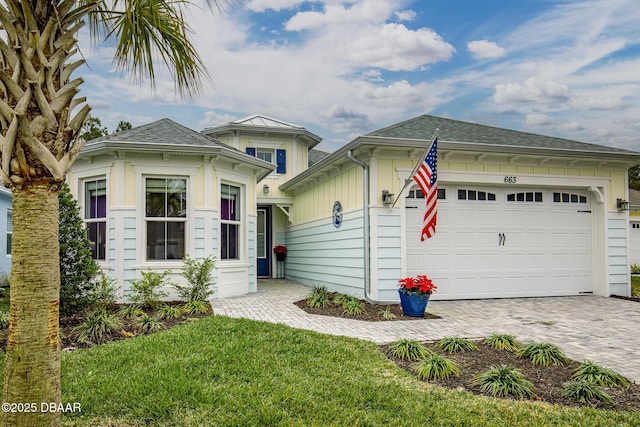 view of front of home featuring a front yard and a garage