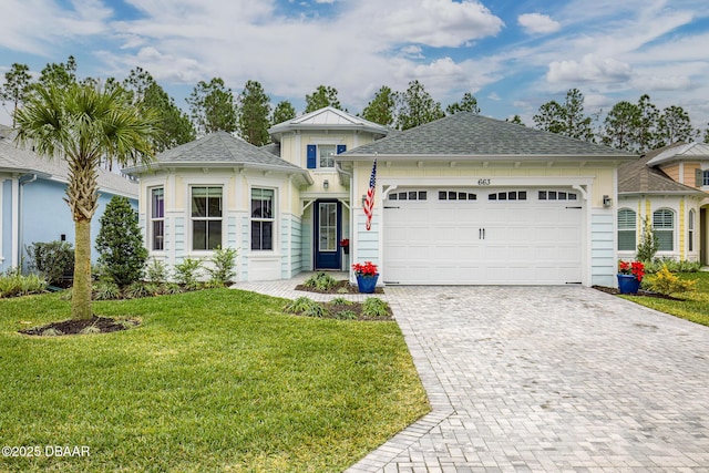 view of front of property with a garage and a front lawn