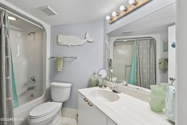 full bathroom with tile patterned flooring, vanity, toilet, and shower / bathtub combination with curtain