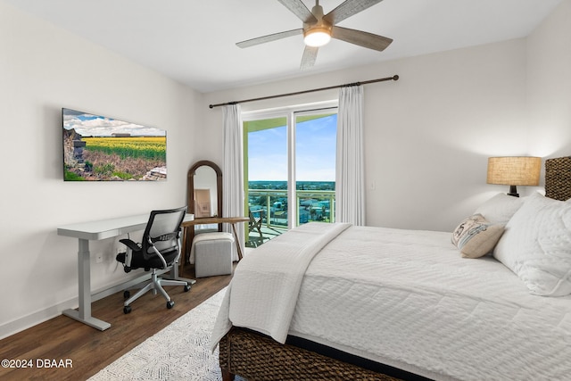 bedroom featuring access to exterior, dark hardwood / wood-style flooring, and ceiling fan