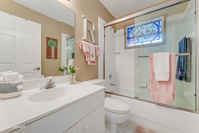 916 Ashmeade Ct, Port Orange, FL 32127 - full bath featuring vanity, enclosed tub / shower combo, tile patterned flooring, and a textured ceiling