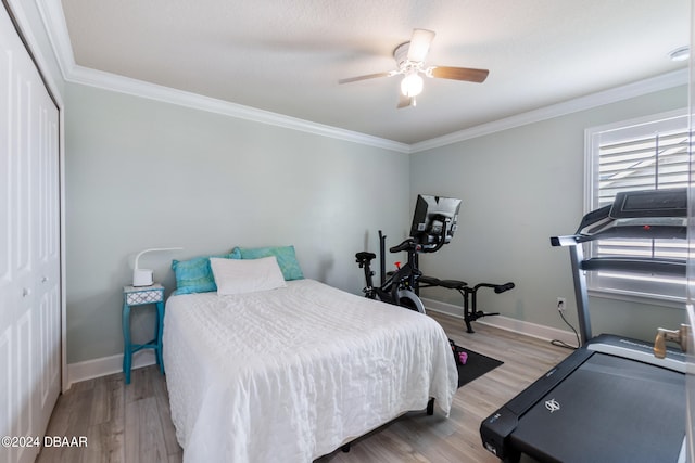 bedroom featuring ceiling fan, a closet, light wood-type flooring, and ornamental molding