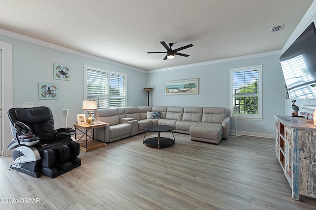 living room with light hardwood / wood-style floors, plenty of natural light, and ornamental molding