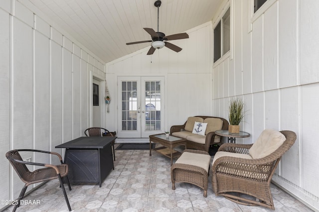 view of patio featuring ceiling fan, french doors, and an outdoor living space