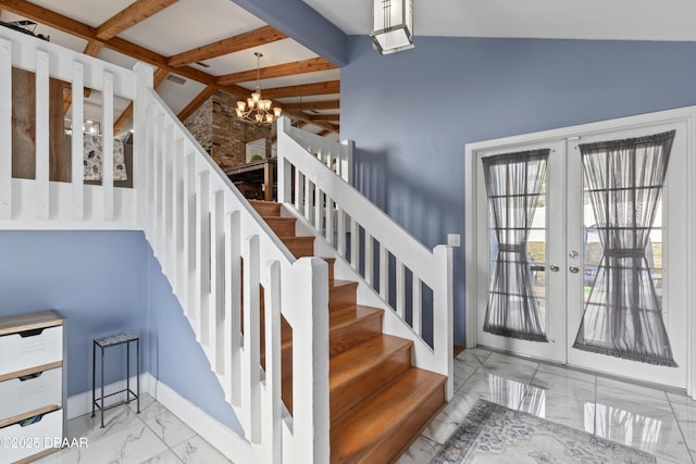 stairway featuring beam ceiling, french doors, and an inviting chandelier