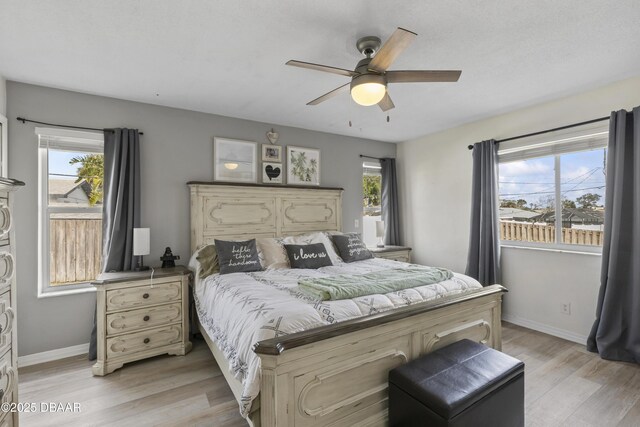 bedroom featuring ceiling fan and light hardwood / wood-style flooring