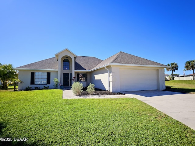 ranch-style home with concrete driveway, roof with shingles, an attached garage, a front lawn, and stucco siding