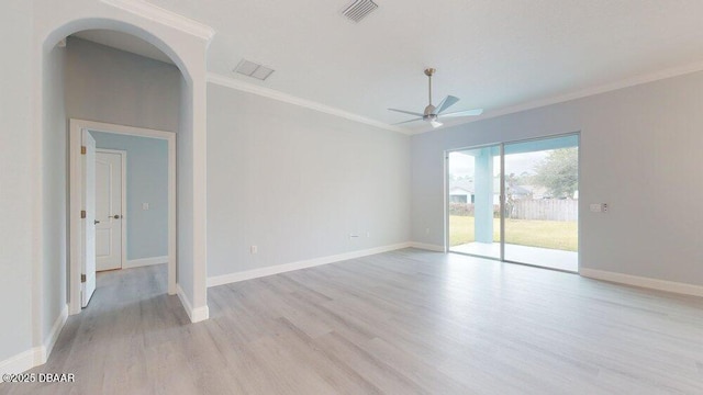 unfurnished room featuring crown molding, ceiling fan, and light hardwood / wood-style flooring