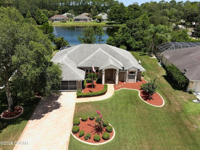 bird's eye view featuring a water view