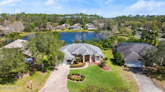 aerial view featuring a water view