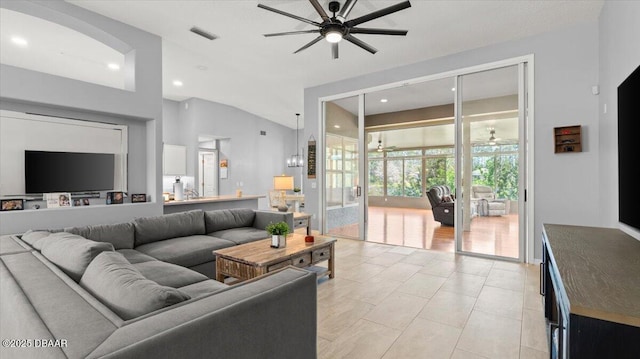 living room with light tile patterned floors, ceiling fan, visible vents, and recessed lighting