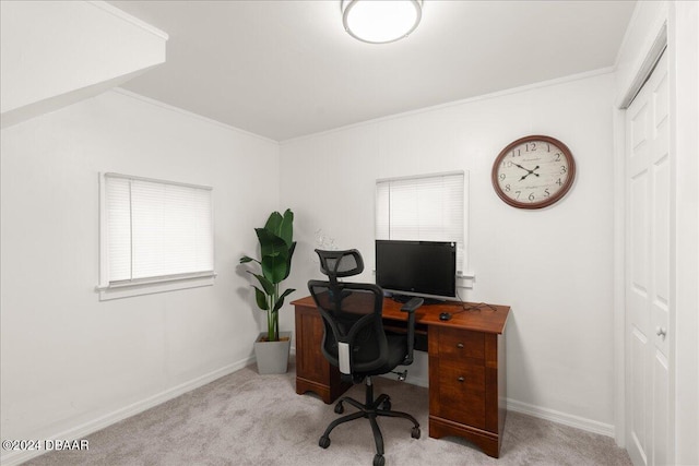 carpeted office space with crown molding