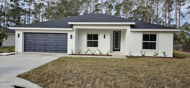 ranch-style home with a garage, a shingled roof, driveway, stucco siding, and a front lawn