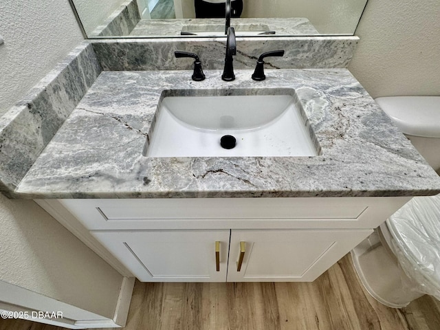 room details with toilet, a textured wall, wood finished floors, and vanity