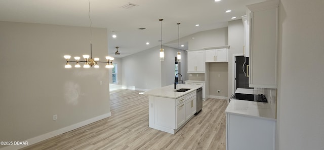 kitchen featuring a center island with sink, dishwasher, white cabinetry, pendant lighting, and a sink