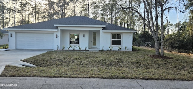 view of front of house with an attached garage, a shingled roof, driveway, stucco siding, and a front yard