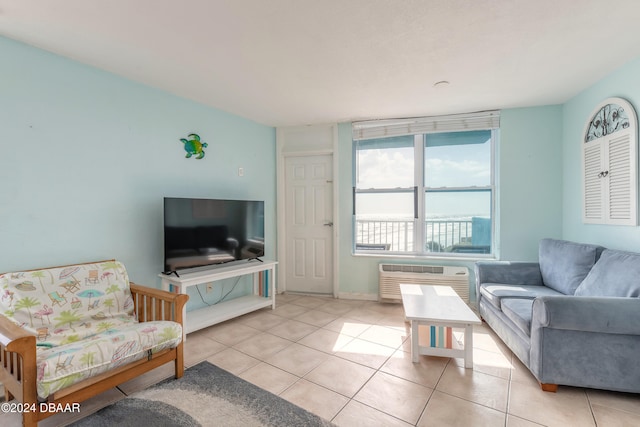 tiled living room with an AC wall unit