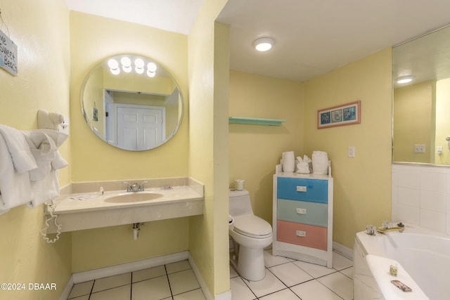 bathroom with toilet, a bath, sink, and tile patterned floors