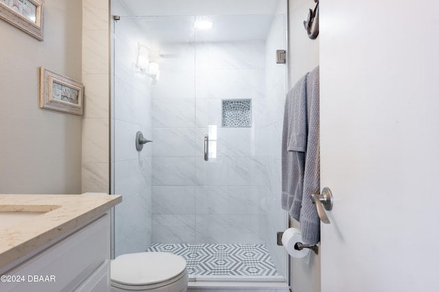 bathroom featuring toilet, vanity, and a shower with shower door